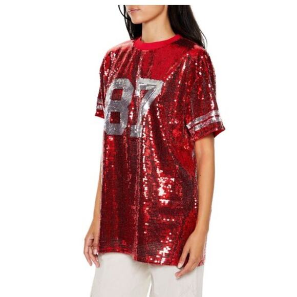 Forever 21 Sequin Varsity Stripe Jersey Tunic 87 Travis Kelce Swiftie Inspo Sz M - Picture 5 of 9